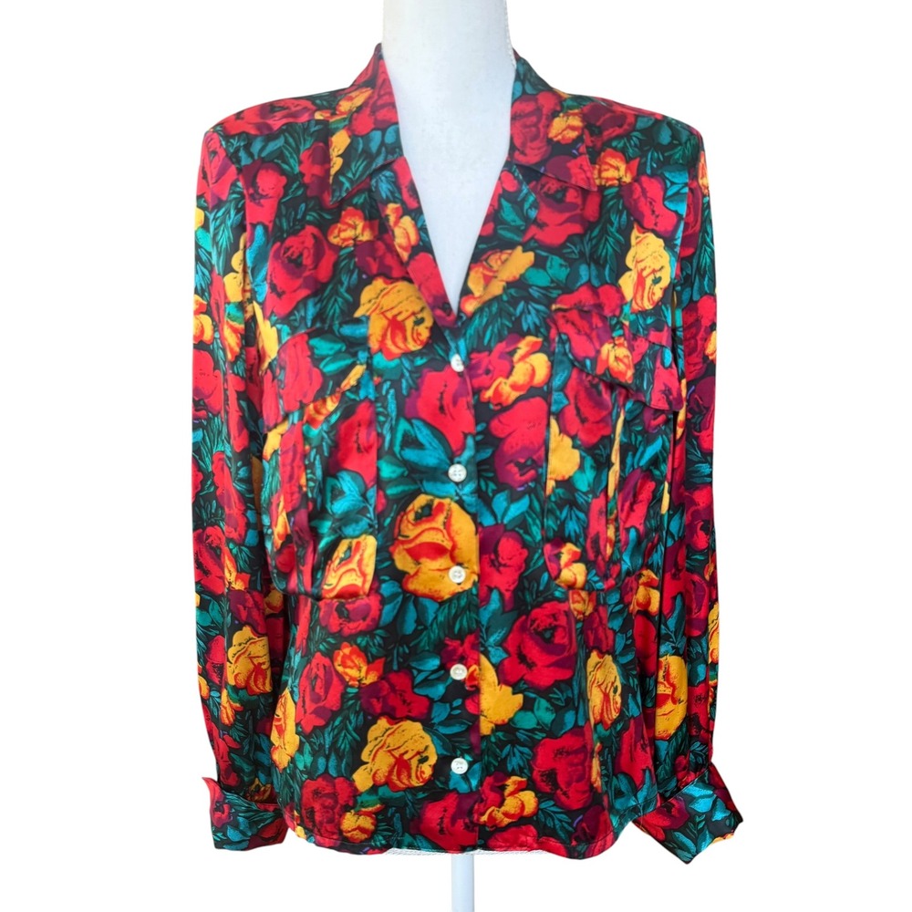 Boda Vintage 100% Silk Floral Rose Print Button Down Blouse Red Teal Yellow 10